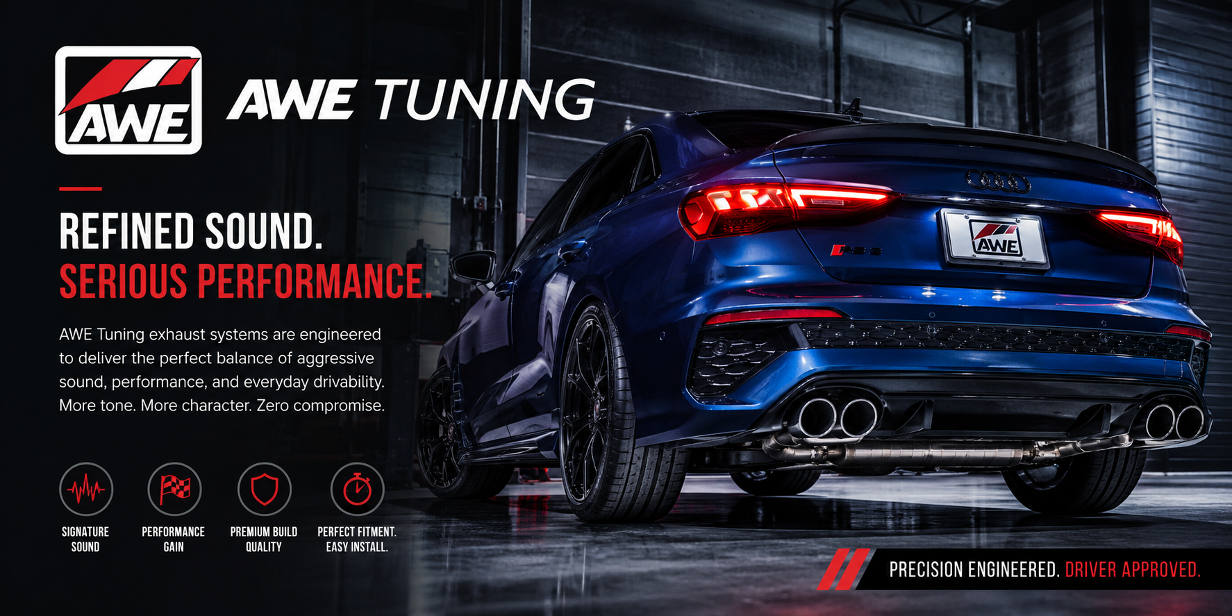 Blue performance car with AWE Tuning exhaust system in a dark garage showing quad exhaust tips and refined performance stylinge