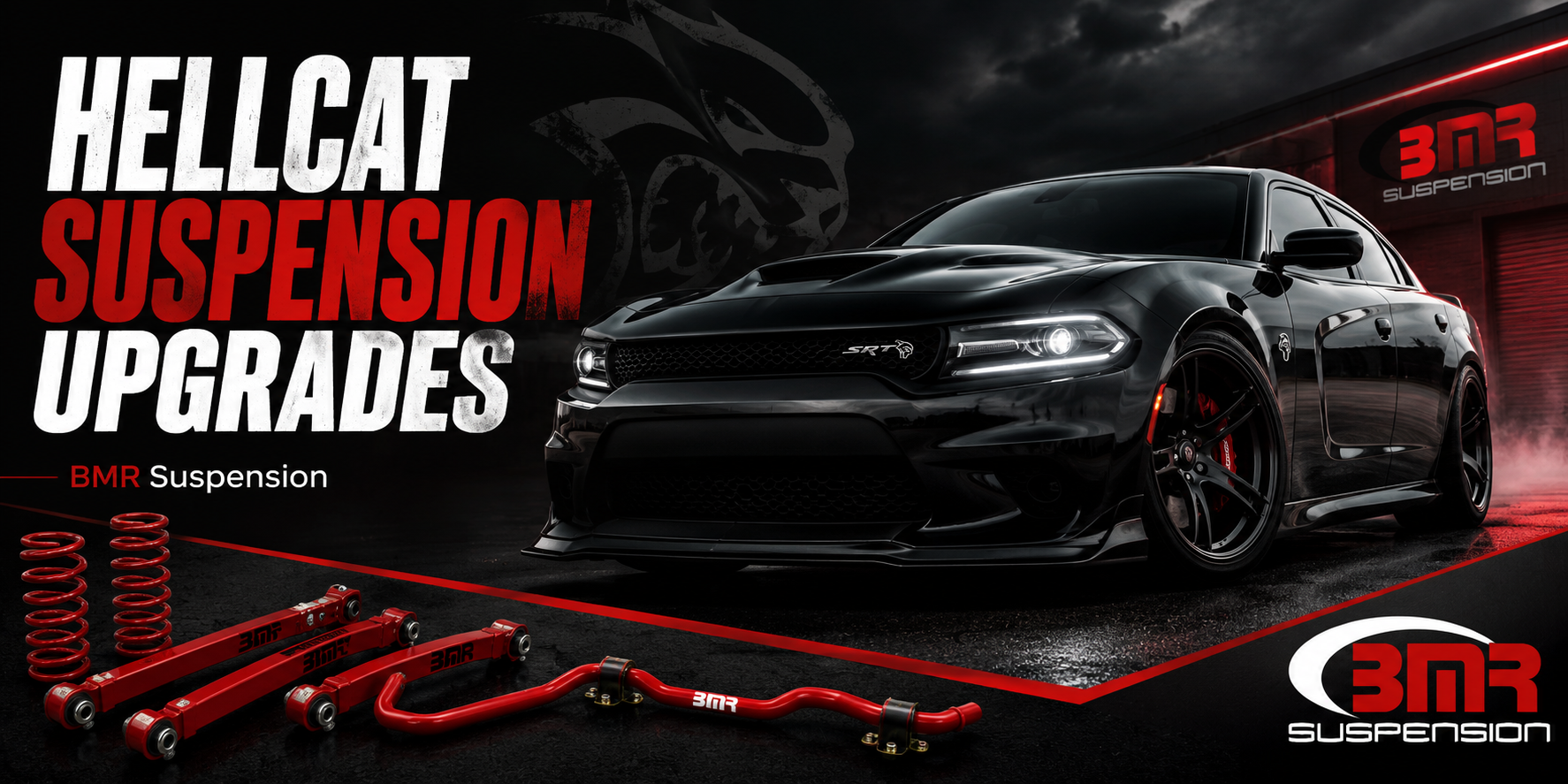 Black Dodge Charger Hellcat with BMR suspension components in a red and black performance garage scene