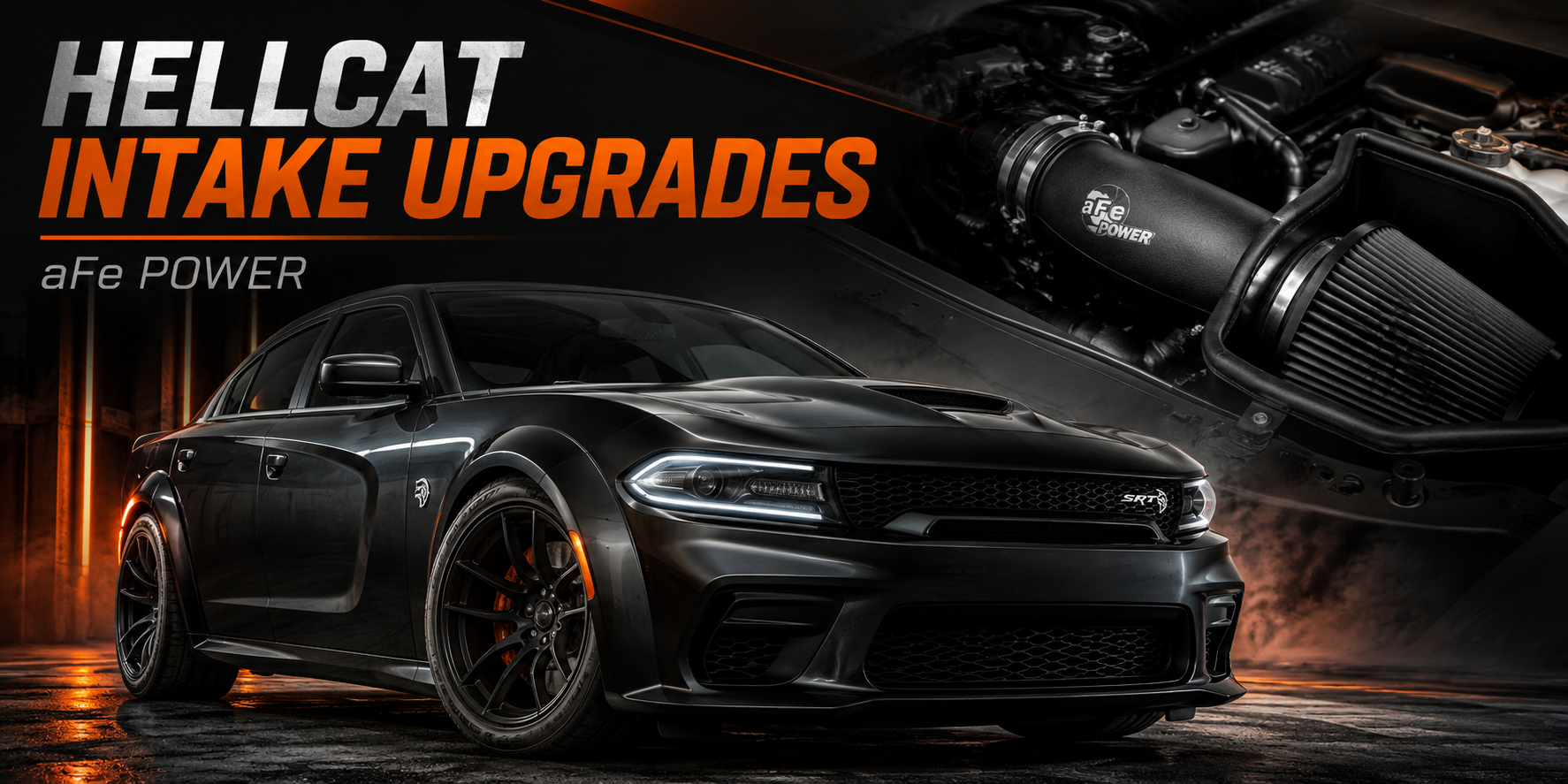 Black Dodge Charger Hellcat with aFe POWER cold air intake styling in a dark performance garage with black, silver, and white brand-inspired accents