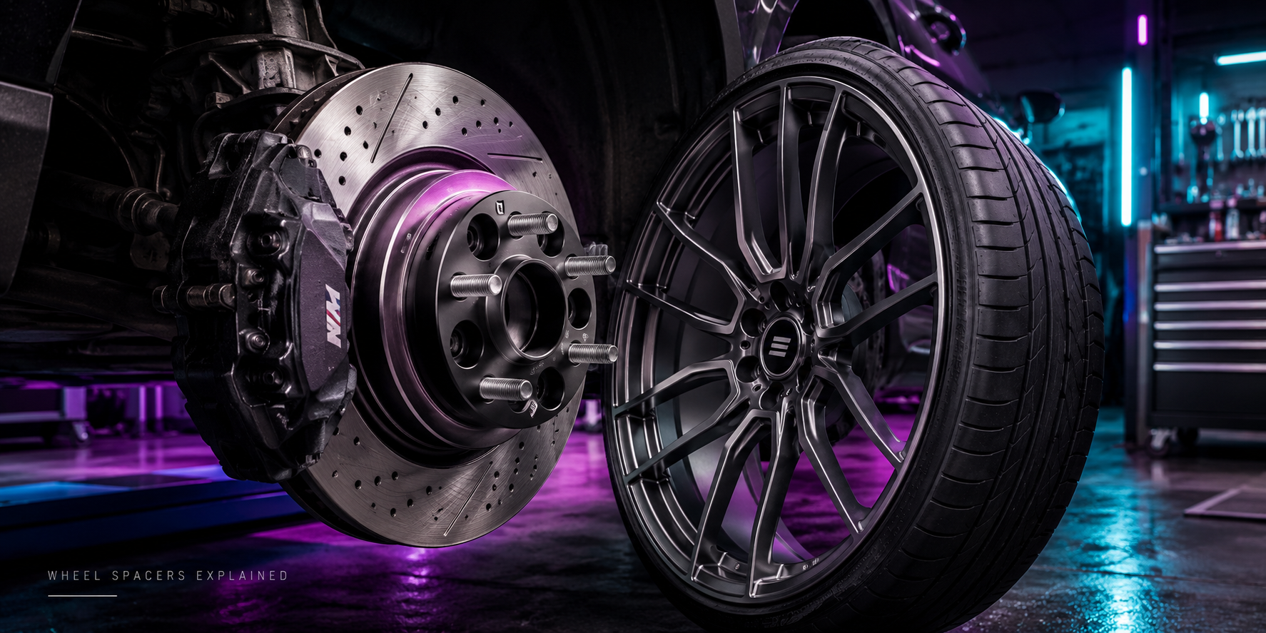 Close-up of aftermarket wheel spacer installed on a performance wheel hub with lug studs, brake rotor, and dramatic Elite Wheels garage lighting