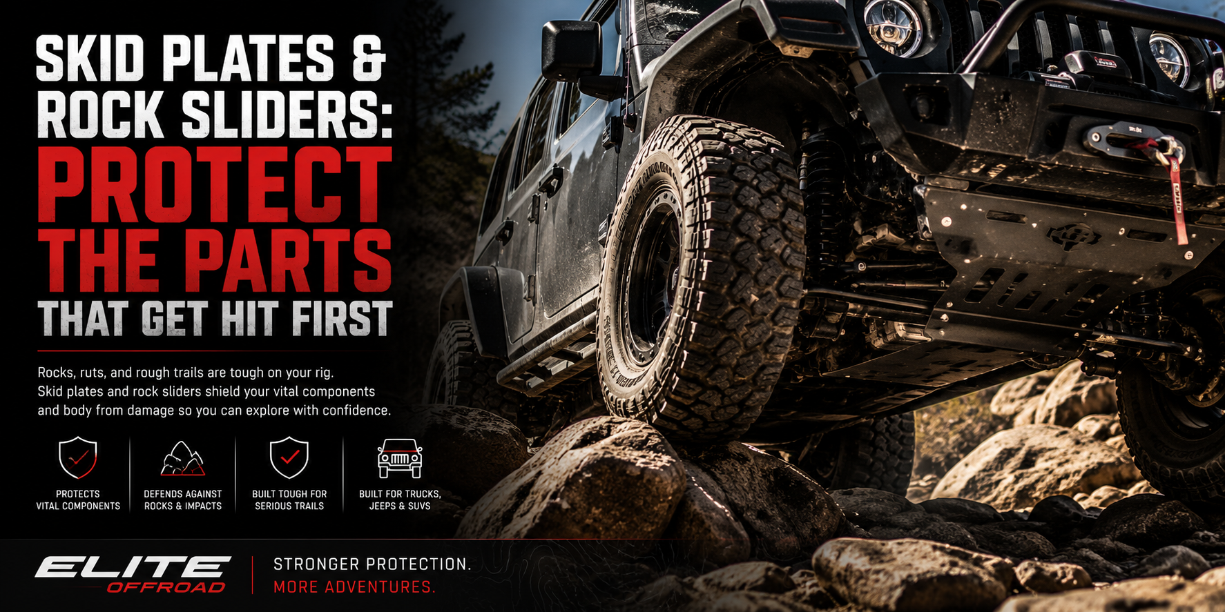 Off-road truck climbing over rocks with visible skid plates, rock sliders, and underbody protection in a rugged Elite Offroad scene