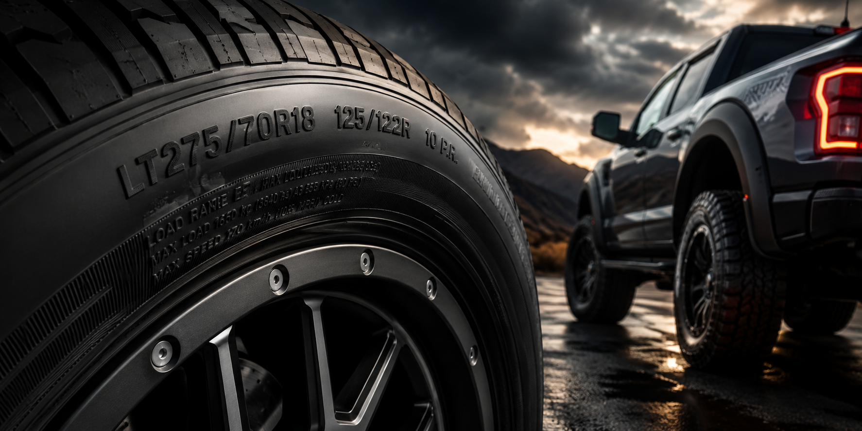 Close-up of tire sidewall markings showing load index and speed rating with performance tire tread in a cinematic Elite Tires style