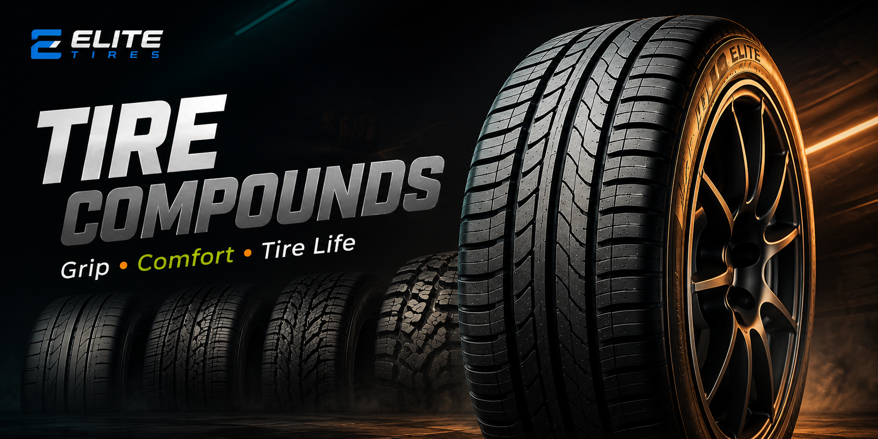 Close-up of different tire tread patterns and rubber compounds with performance, all-season, winter, and off-road tire sections in a cinematic Elite Tires style