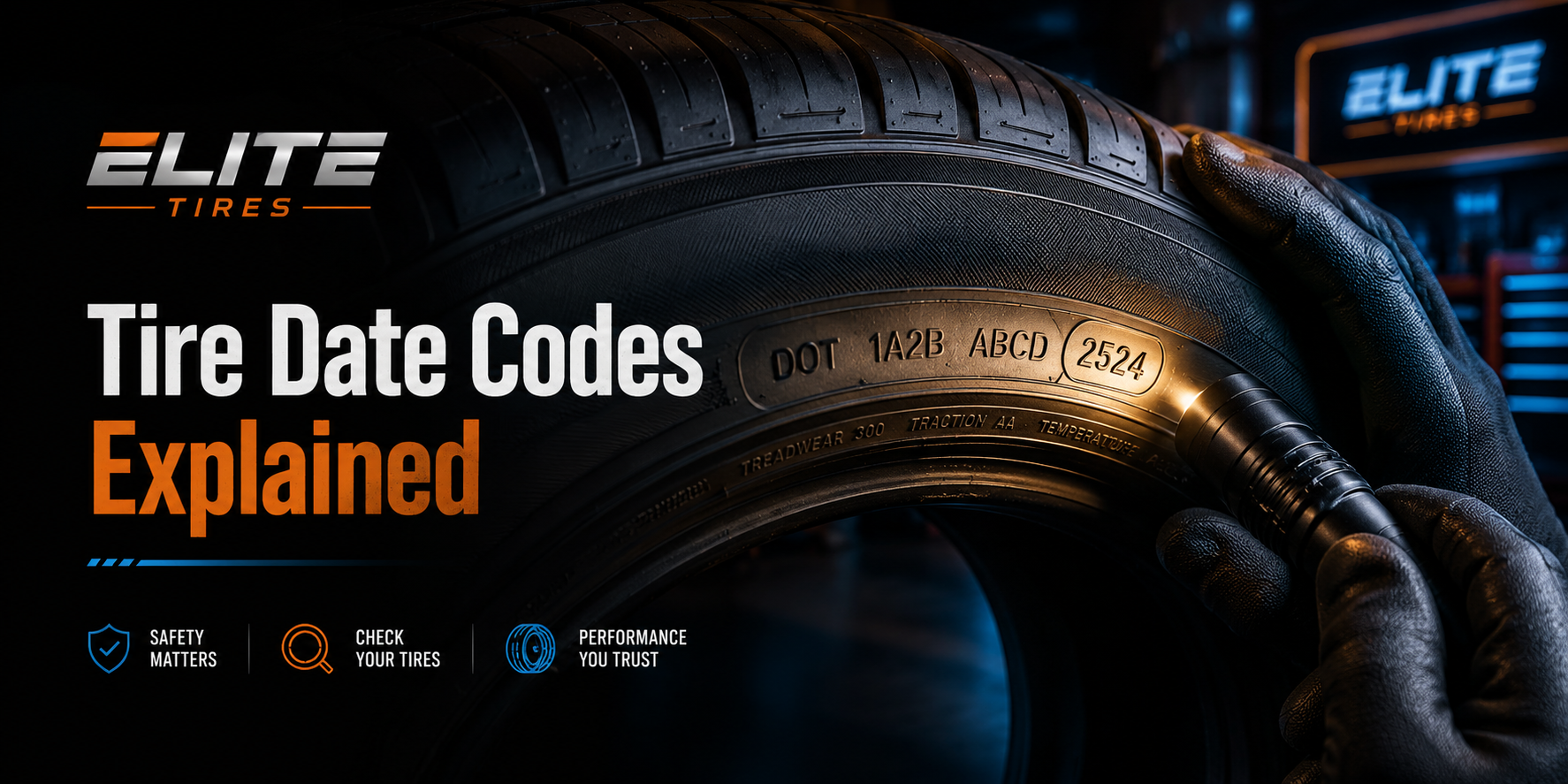Close-up of a tire sidewall showing DOT date code markings with tread detail, inspection lighting, and green Elite Tires styling