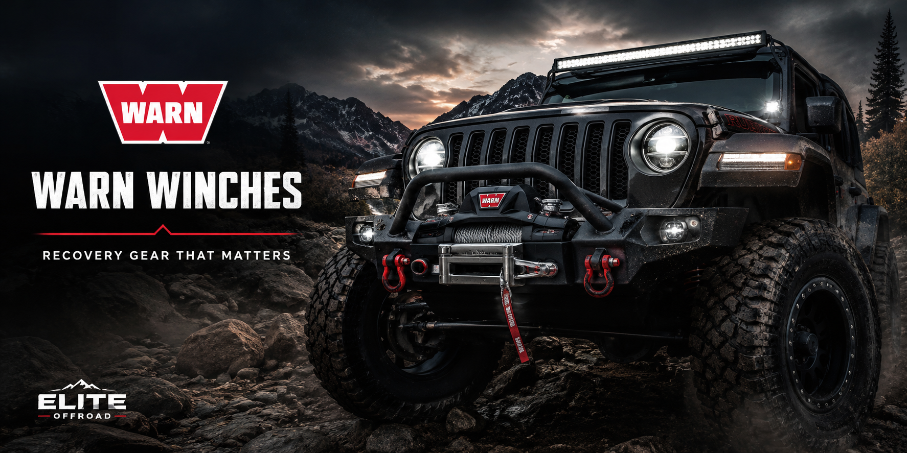 Off-road truck with WARN style winch and recovery gear on a rugged trail in a dramatic Elite Offroad scene with red and amber lighting