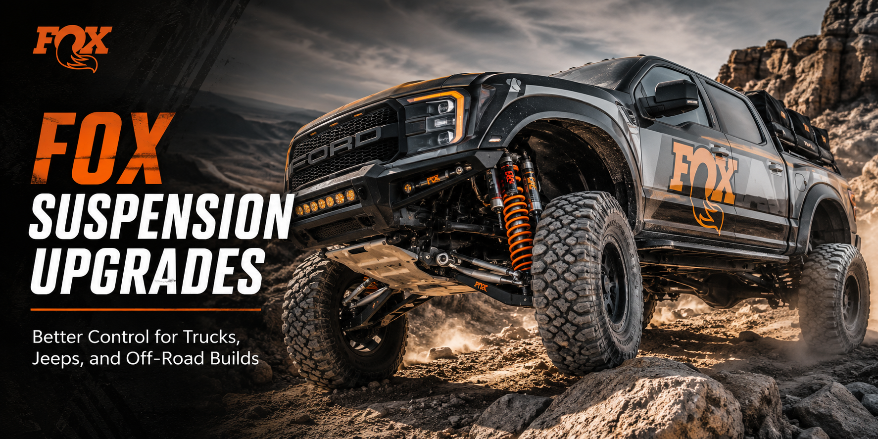 Off-road truck with FOX style suspension on a rocky trail in a cinematic Elite Offroad scene with rugged terrain and orange accent lighting