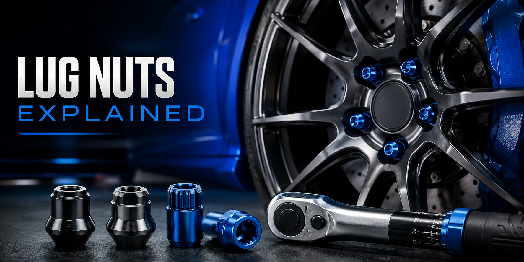 Close-up of aftermarket wheel lug nuts, spline drive hardware, and performance wheel installation in a blue Elite Wheels garage style