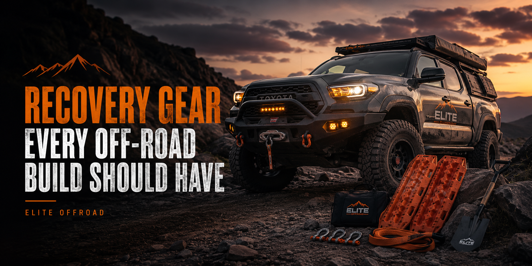 Off-road truck on a rugged trail with recovery gear, tow straps, shackles, and traction boards in an orange cinematic Elite Offroad style