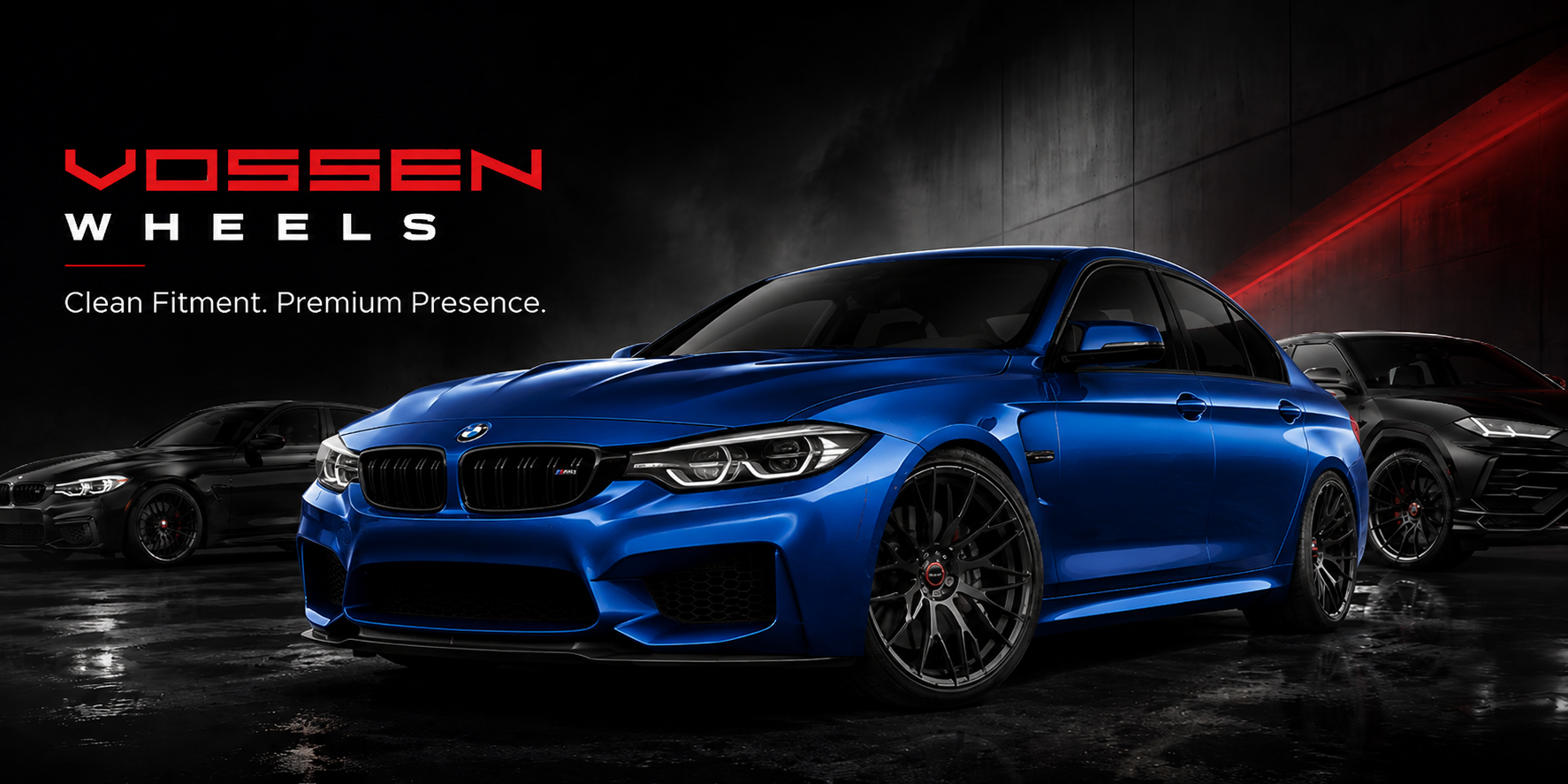 Blue performance sedan with Vossen style wheels in a dark cinematic garage showing clean fitment and luxury performance styling