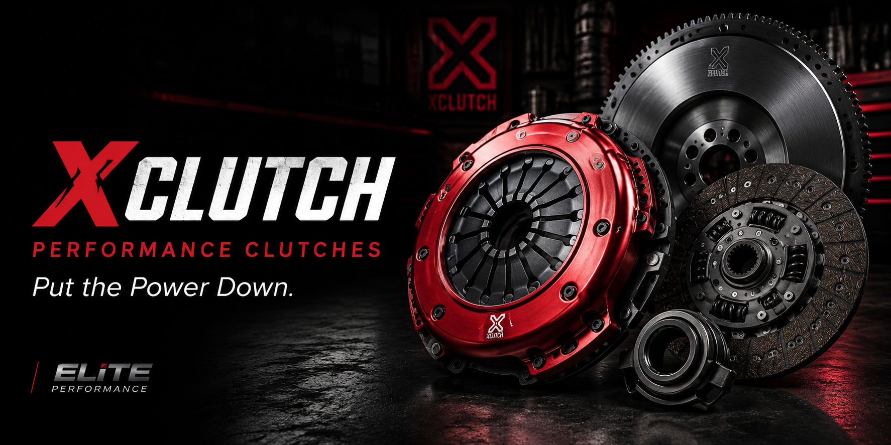 XClutch performance clutch kit with pressure plate and clutch disc in a red and black performance garage scene
