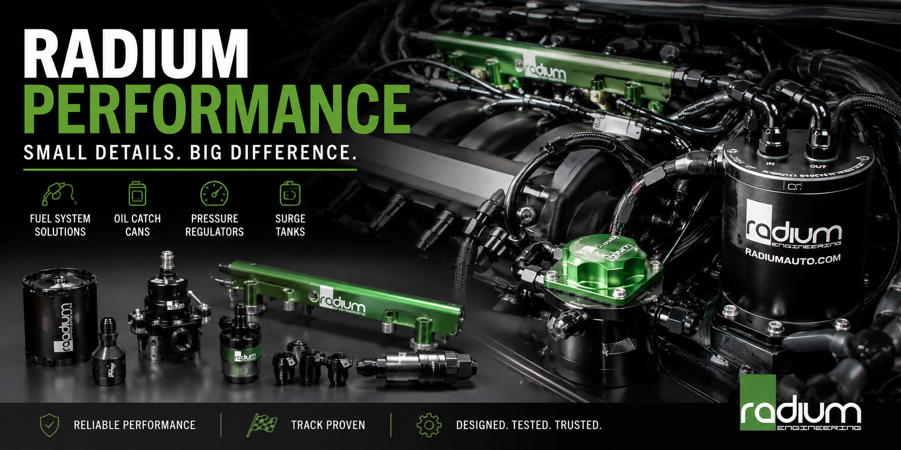 Performance engine bay with Radium style fuel system components, catch can, fuel lines, and green and black motorsport-inspired styling