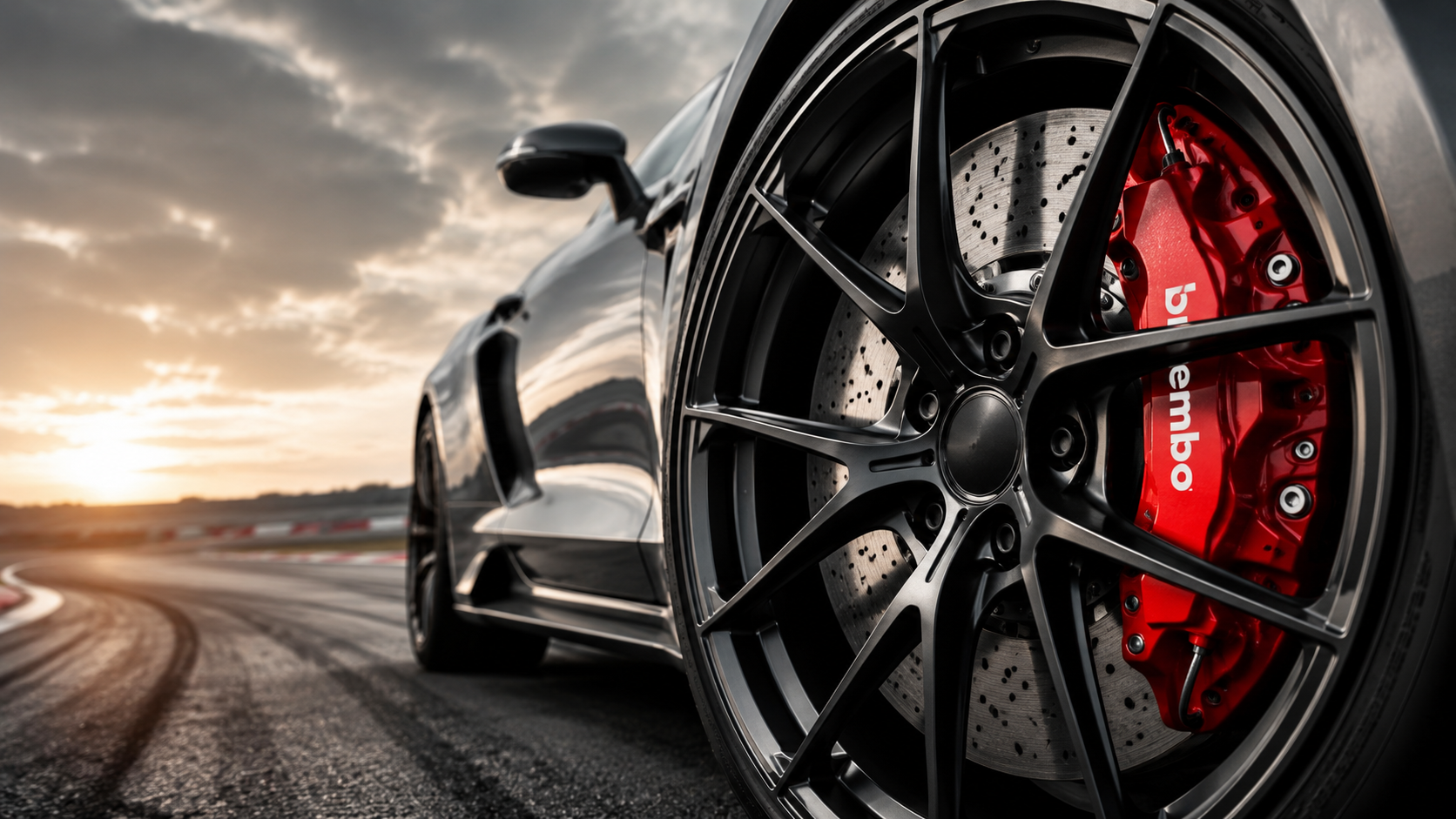 Performance car with Brembo style brake caliper and drilled brake rotor in a dark cinematic garage with red performance lighting