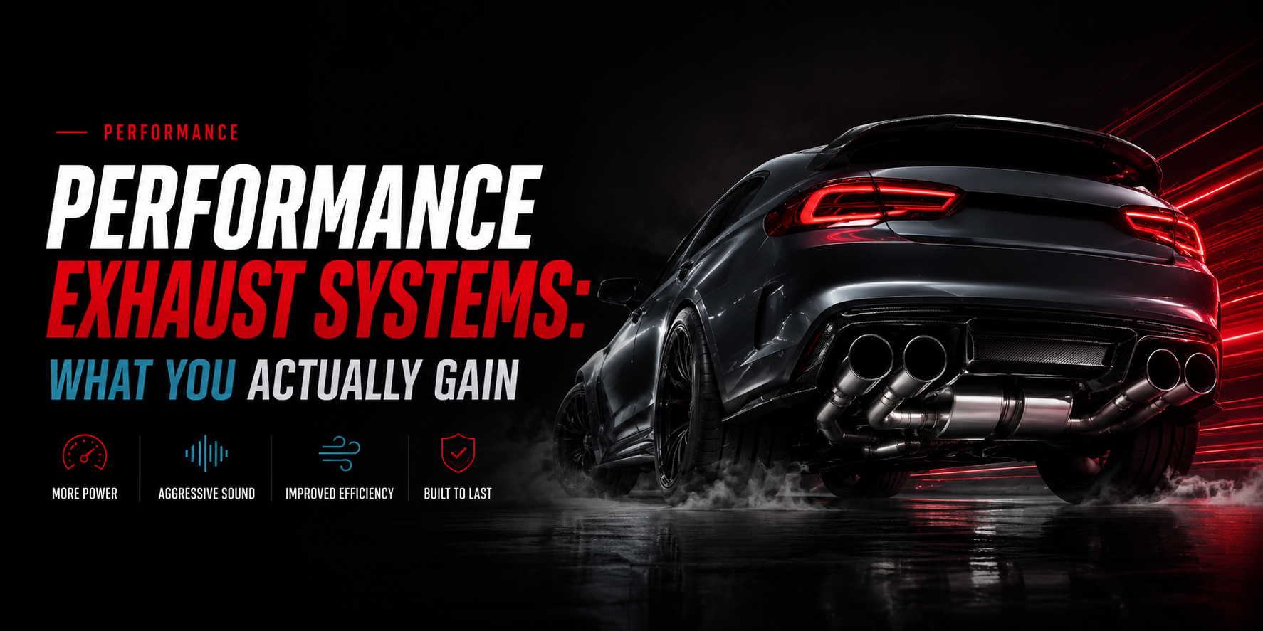 Performance car exhaust system with polished tips in a dark cinematic garage showing airflow, sound, and upgraded rear-end styling