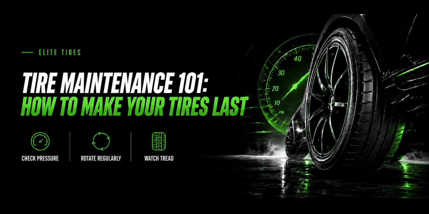Close-up of tires being inspected and maintained in a clean garage with tire pressure gauge, tread depth tool, and Elite Tires styling