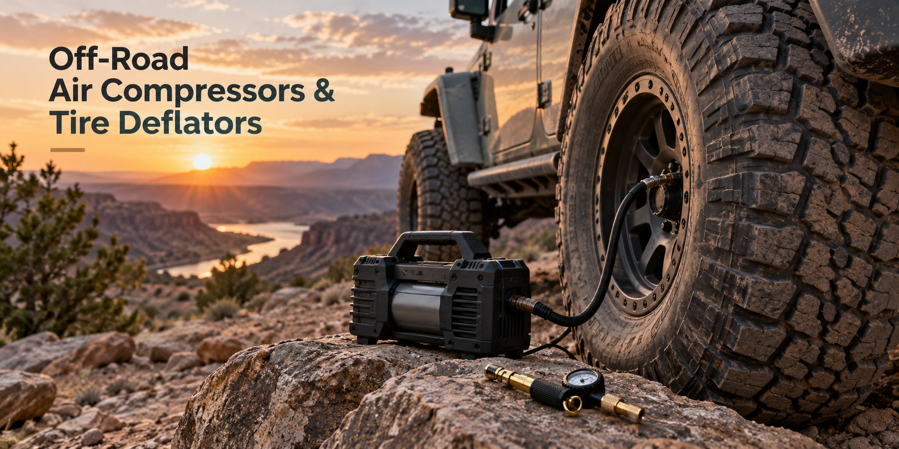 Off-road truck with portable air compressor and tire deflator beside an aired-down all-terrain tire on a rugged trail