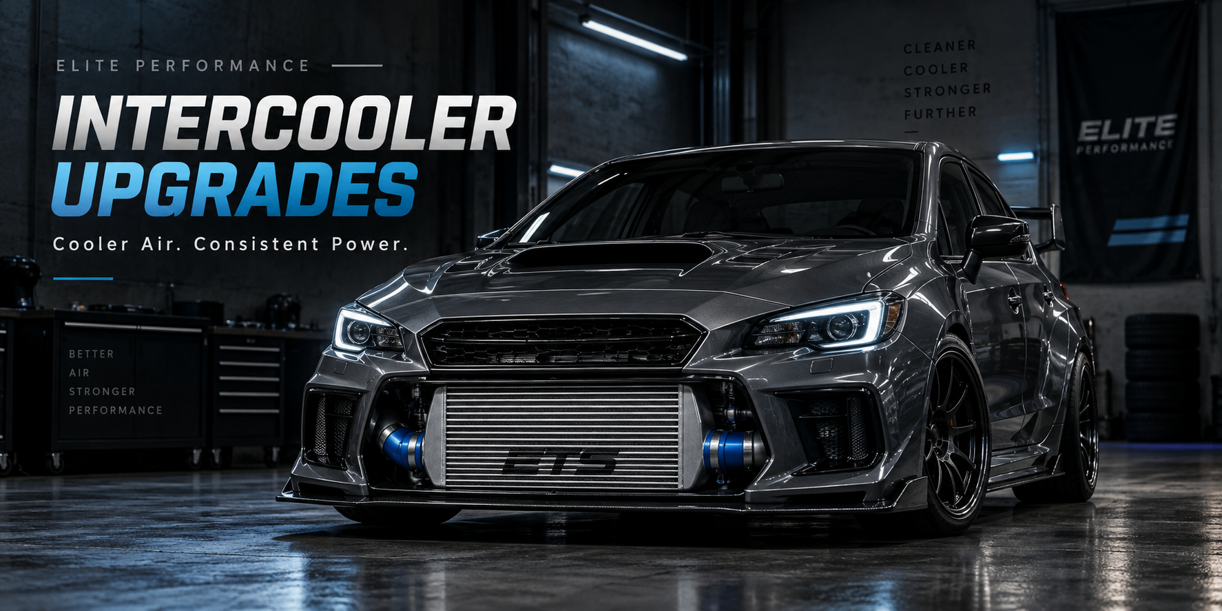 Turbocharged performance car with front mount intercooler showing upgraded cooling and airflow in a dark performance garage