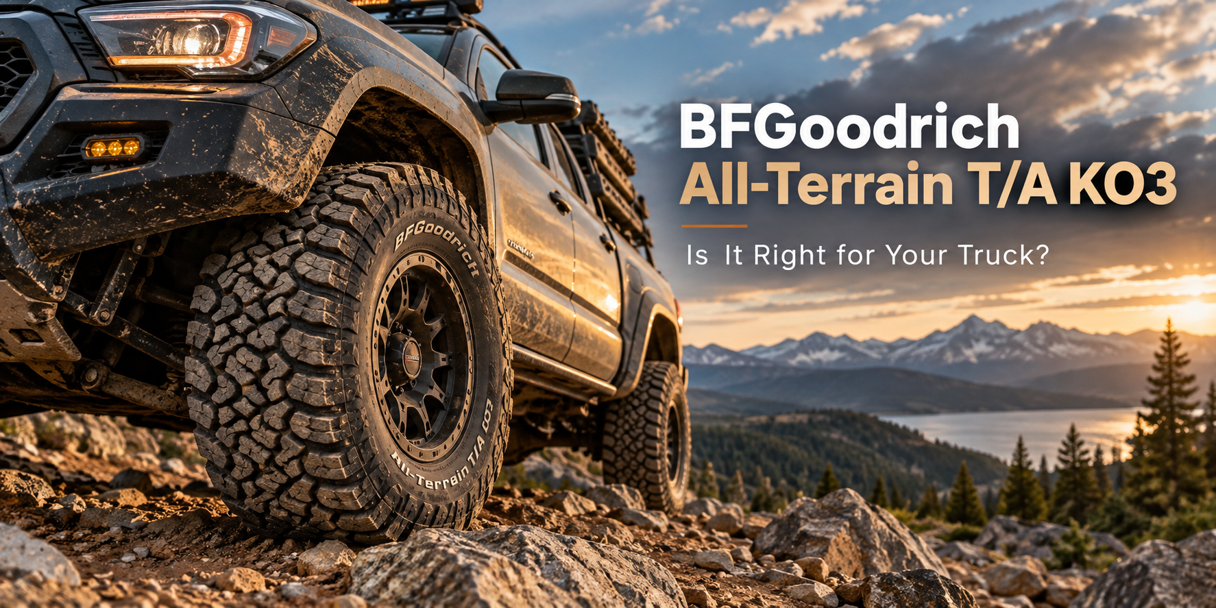 BFGoodrich All-Terrain T/A KO3 tire mounted on an off-road truck showing aggressive tread blocks, sidewall design, and rugged all-terrain stance